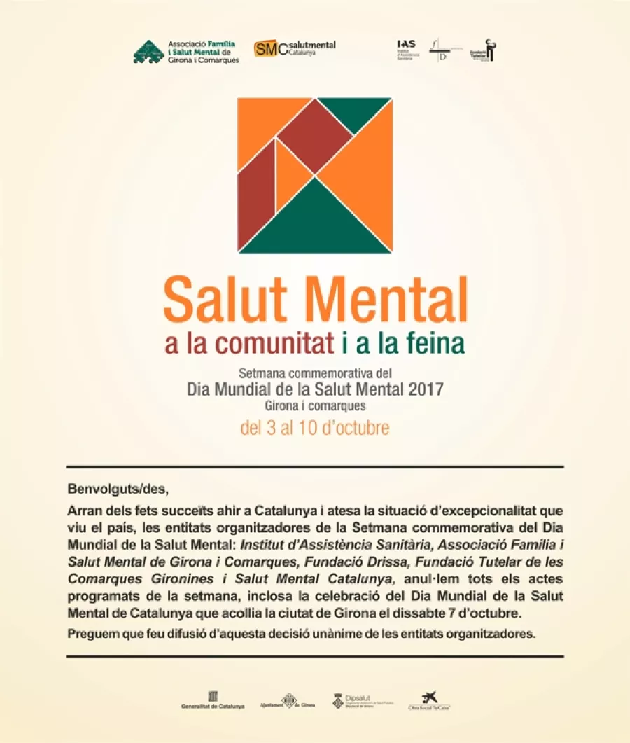 Anul·lació dels actes previstos de Setmana commemorativa del Dia Mundial de la Salut Mental, que celebràvem del 3 al 10 d'octubre